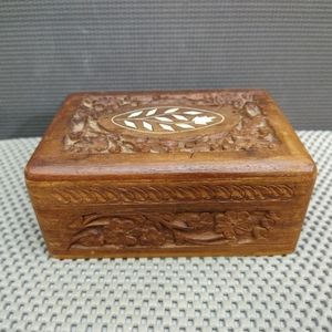 Vintage Hand Carved Wood Jewelry Box